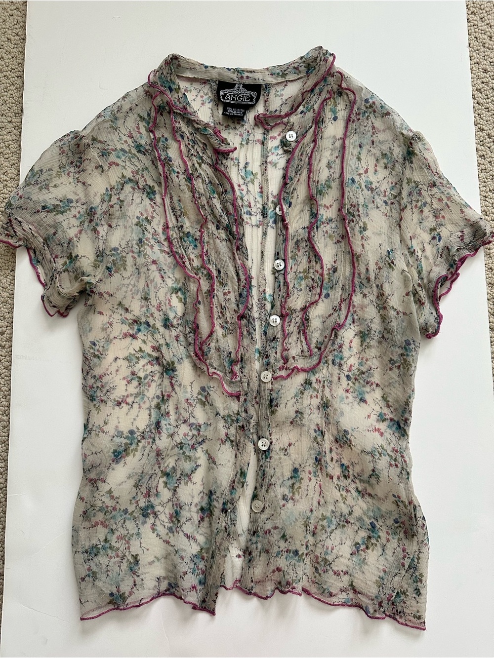 Angie Nordstrom Sage Floral Ruffle-Trim Short Sleeve Button-Down Top